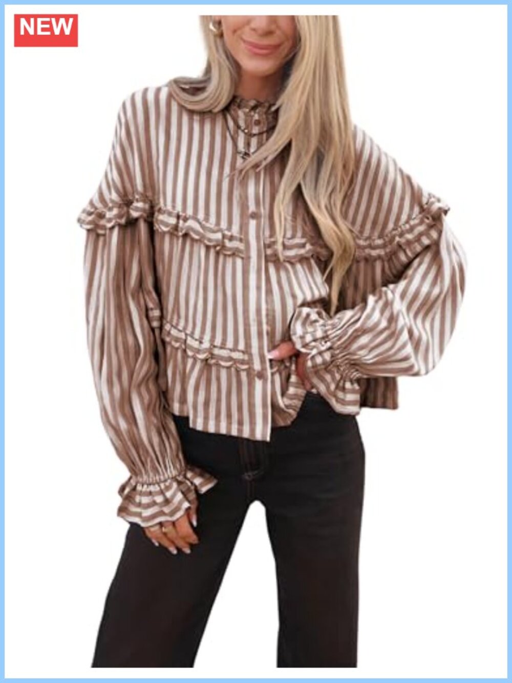 Striped Ruffle Trim Button Down Blouse Puff Sleeve Top